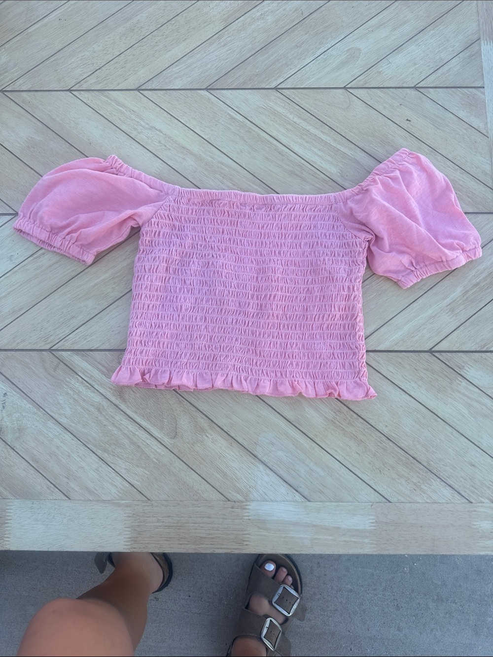 Simply Southern Pink Smocked Off-Shoulder Puff Sleeve Crop Top